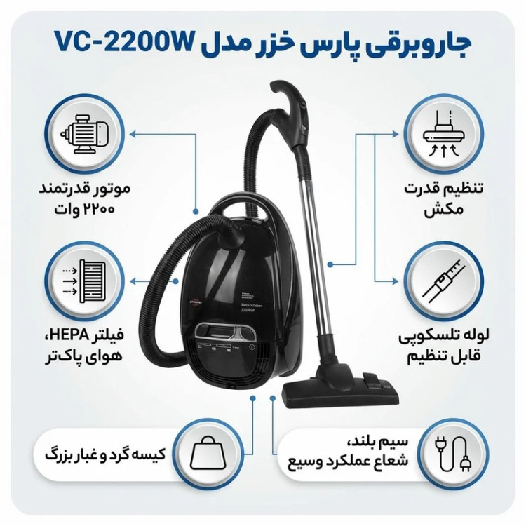 جاروبرقی کیسهدار پارس خزر مدل VC-2200W با موتور 1800 وات