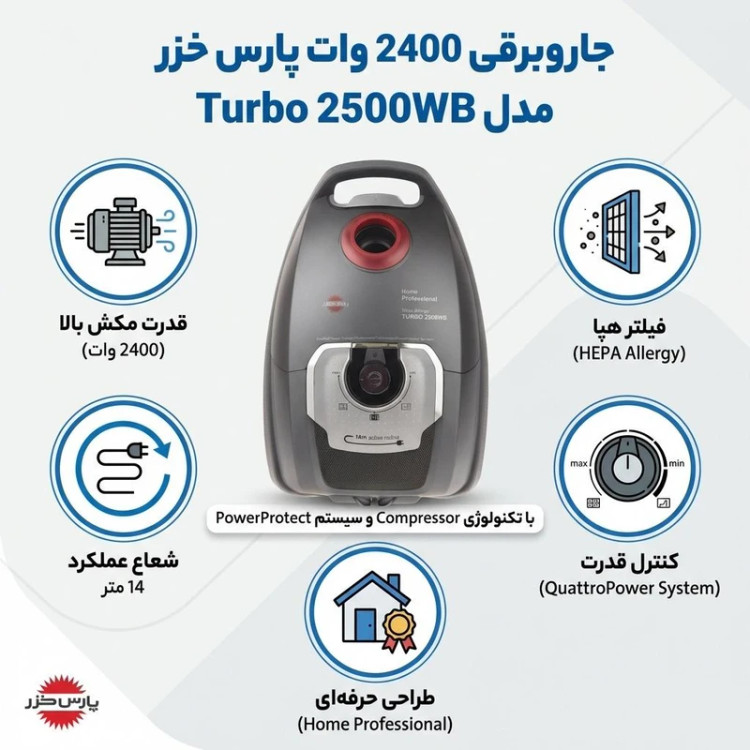 جاروبرقی کیسهدار پارس خزر مدل Turbo 2500WB با موتور 2500 وات